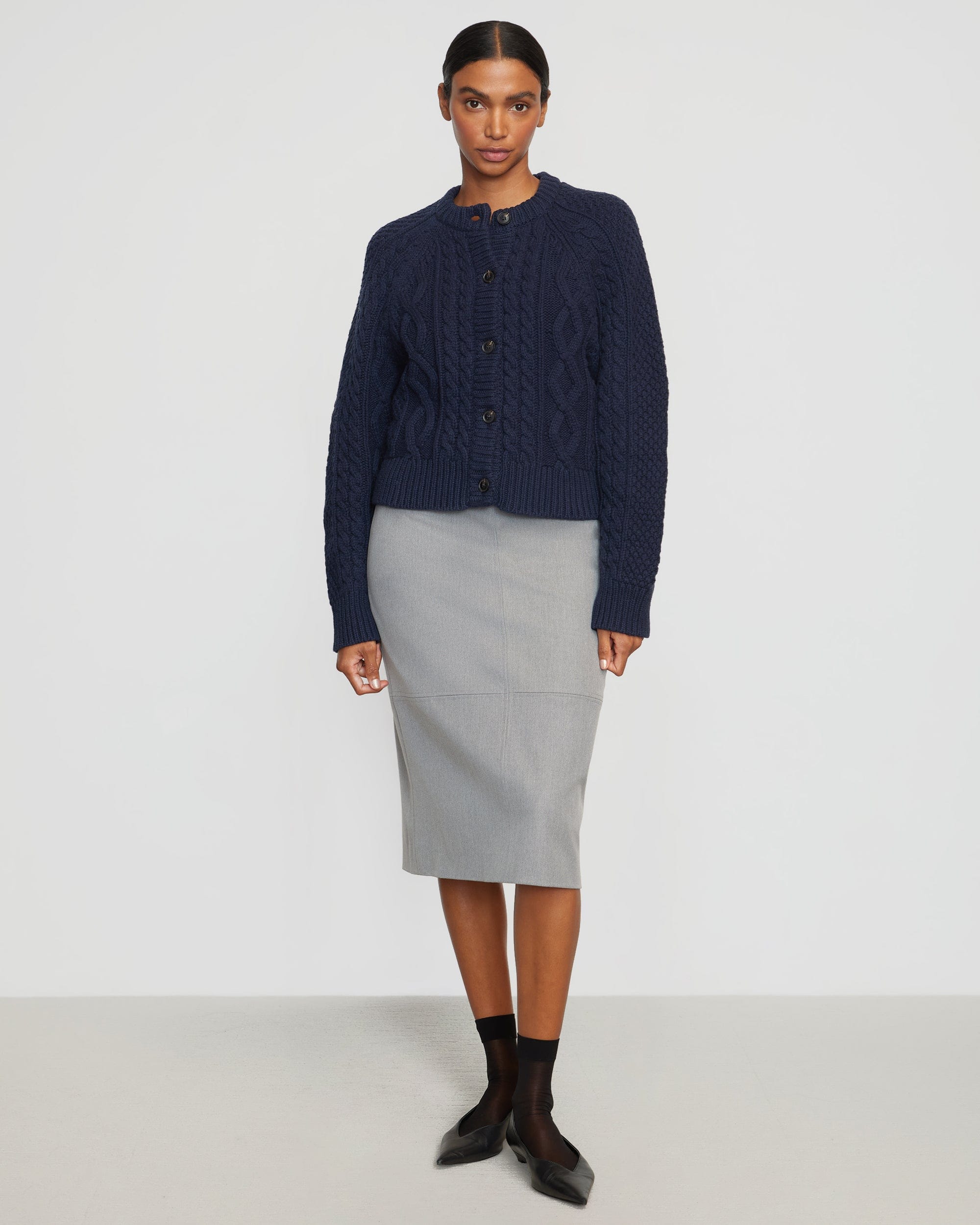 Navy skirt grey cardigan hotsell