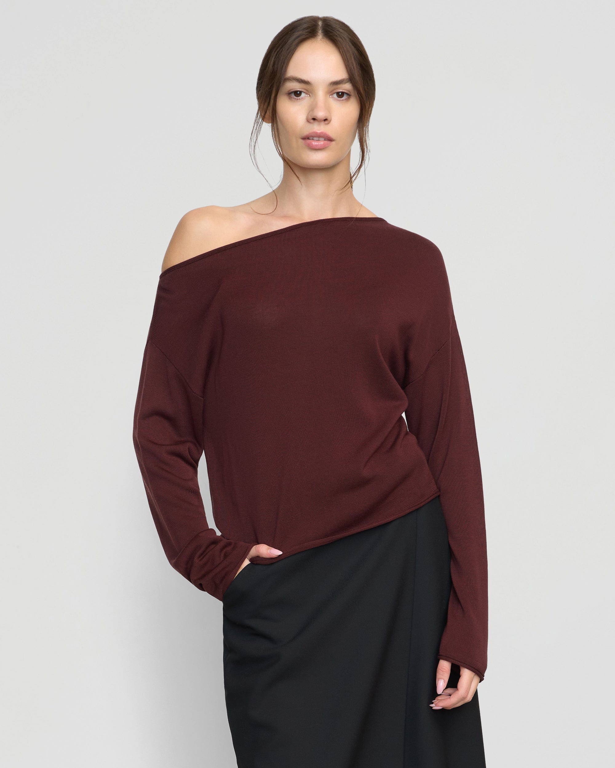 Hachi Tencel Wool Off Shoulder Sweater Deep Burgundy S