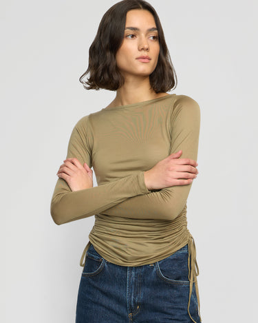 Olivia | Joan Ruched-Side Semi Sheer Tee in Size Small 