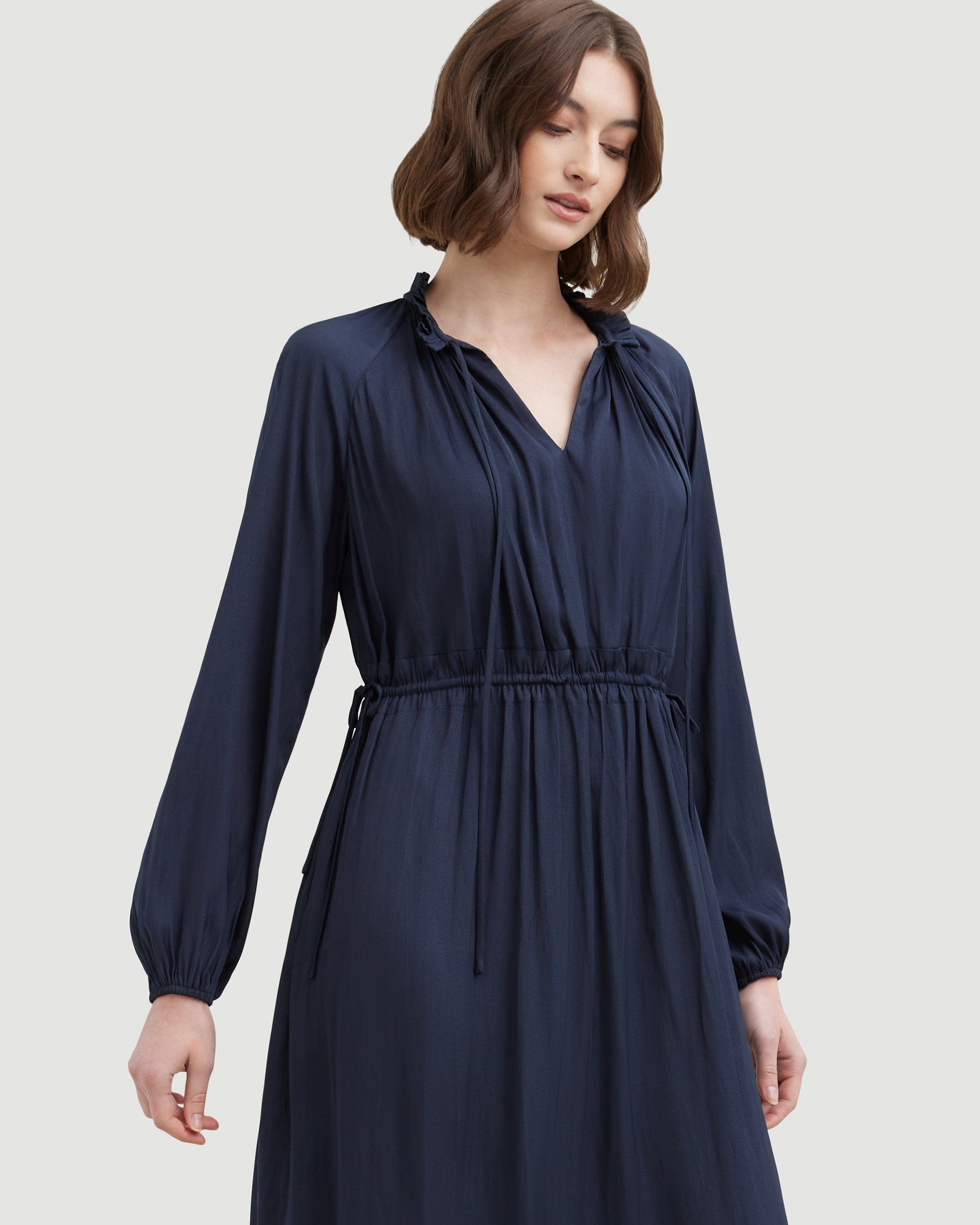 Modern Citizen Navy Gathered Cinched Waist Long Sleeve Maxi Dress online Size S