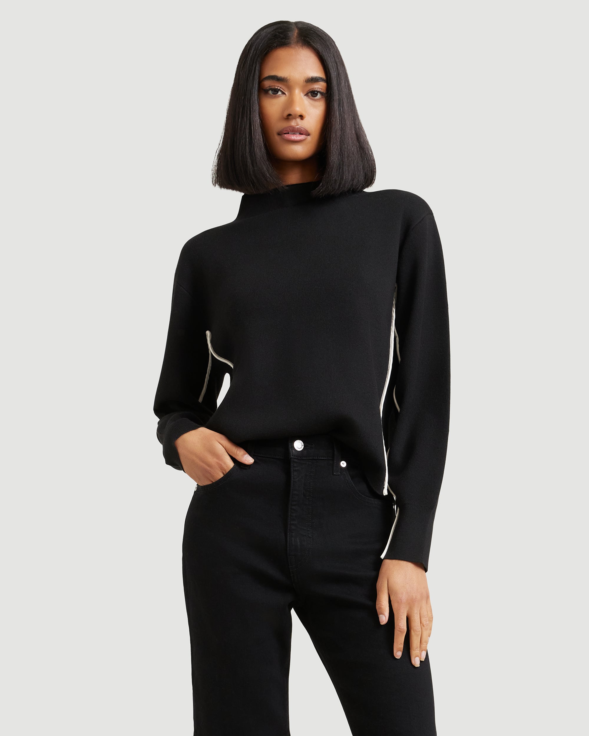 Claire Mock-Neck Contrast Piping Sweater